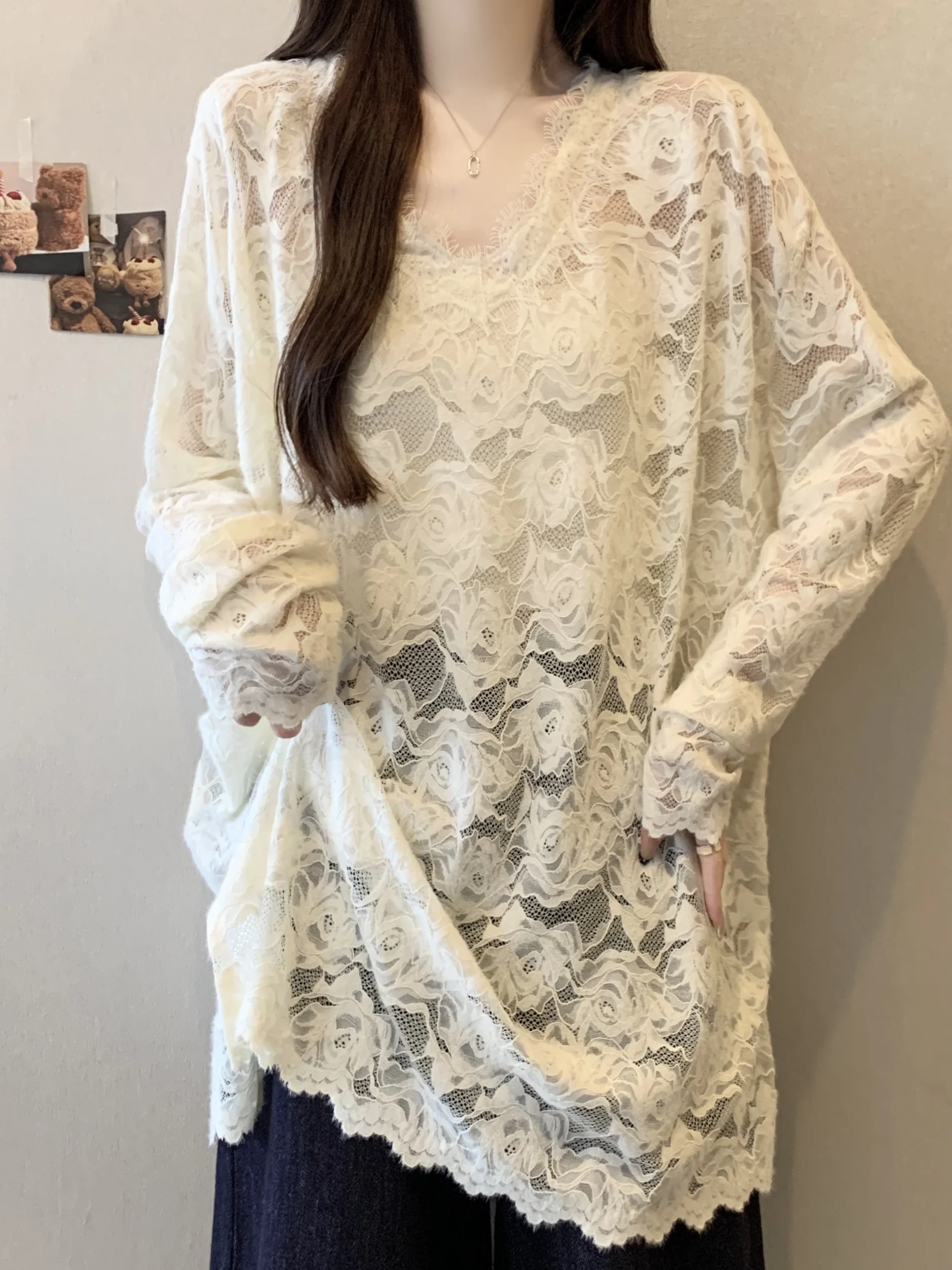 

French Sle V-Ne Long Sve Lace irt Women's plus Size Loose Mid-Length Base irt Top Autumn Winter Polyester Fiber