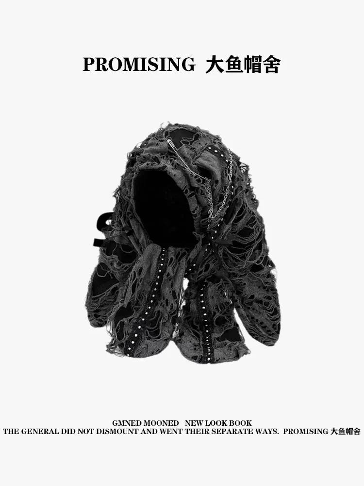 

Dark Wasteland Wind Punk Chain Long Ears Pullover Hat Women Broken Sense Beggar Hole Street Ear Bomber Hat Tide