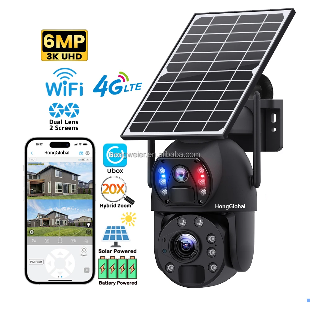 HongGlobal 6MP 3K لوحة طاقة شمسية لاسلكية IP كاميرا متحركة Ubox عدسة مزدوجة 20X التكبير مراقبة 4G الأمن في الهواء الطلق واي فاي CCTV كاميرا تعمل بالطاقة الشمسية #1