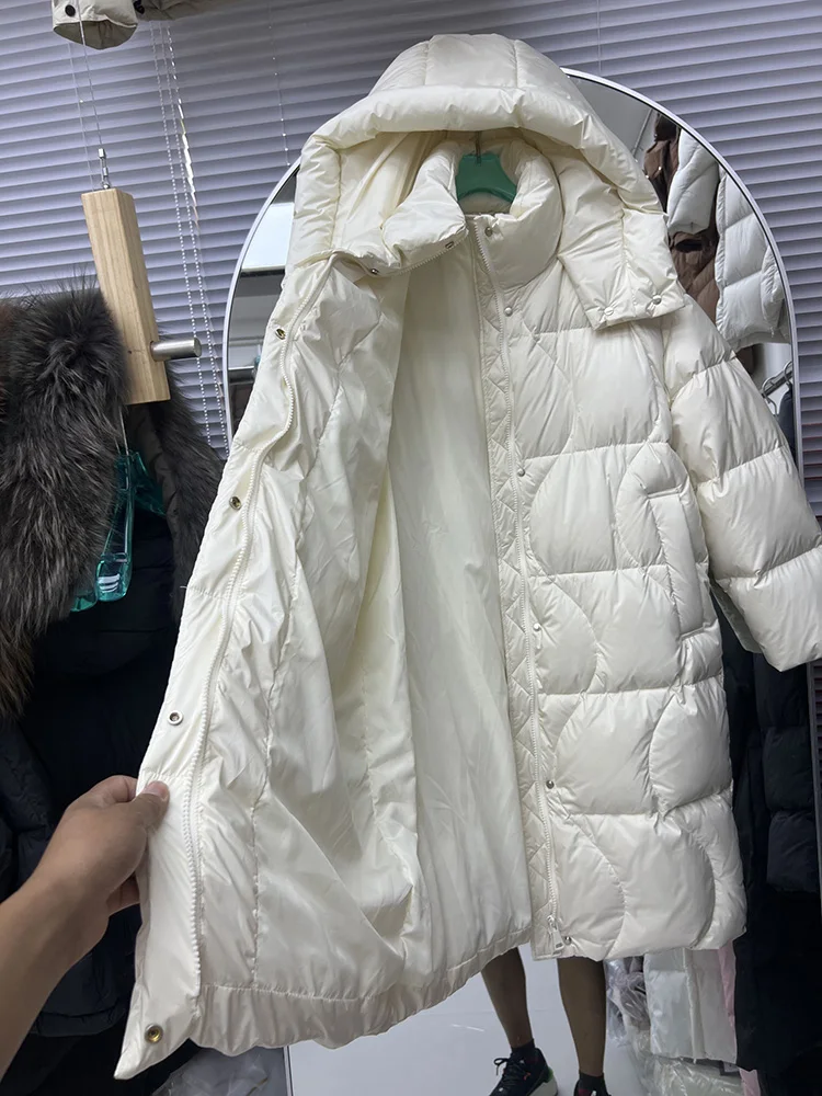 Winter New Medium to Long Style Down Jacket Women's Fashion Thick Hooded Loose Casual Solid Color White Duck Down Coat