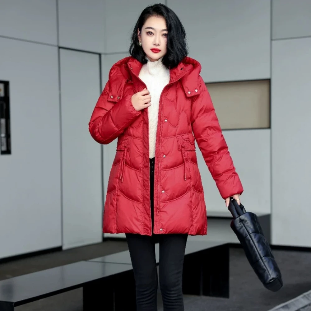 Women's Mid-length Hooded Down Jacket with Slim Disk Buckle, White Duck Down Coat, Light Warm Puffer Jacket, Winter Fashion