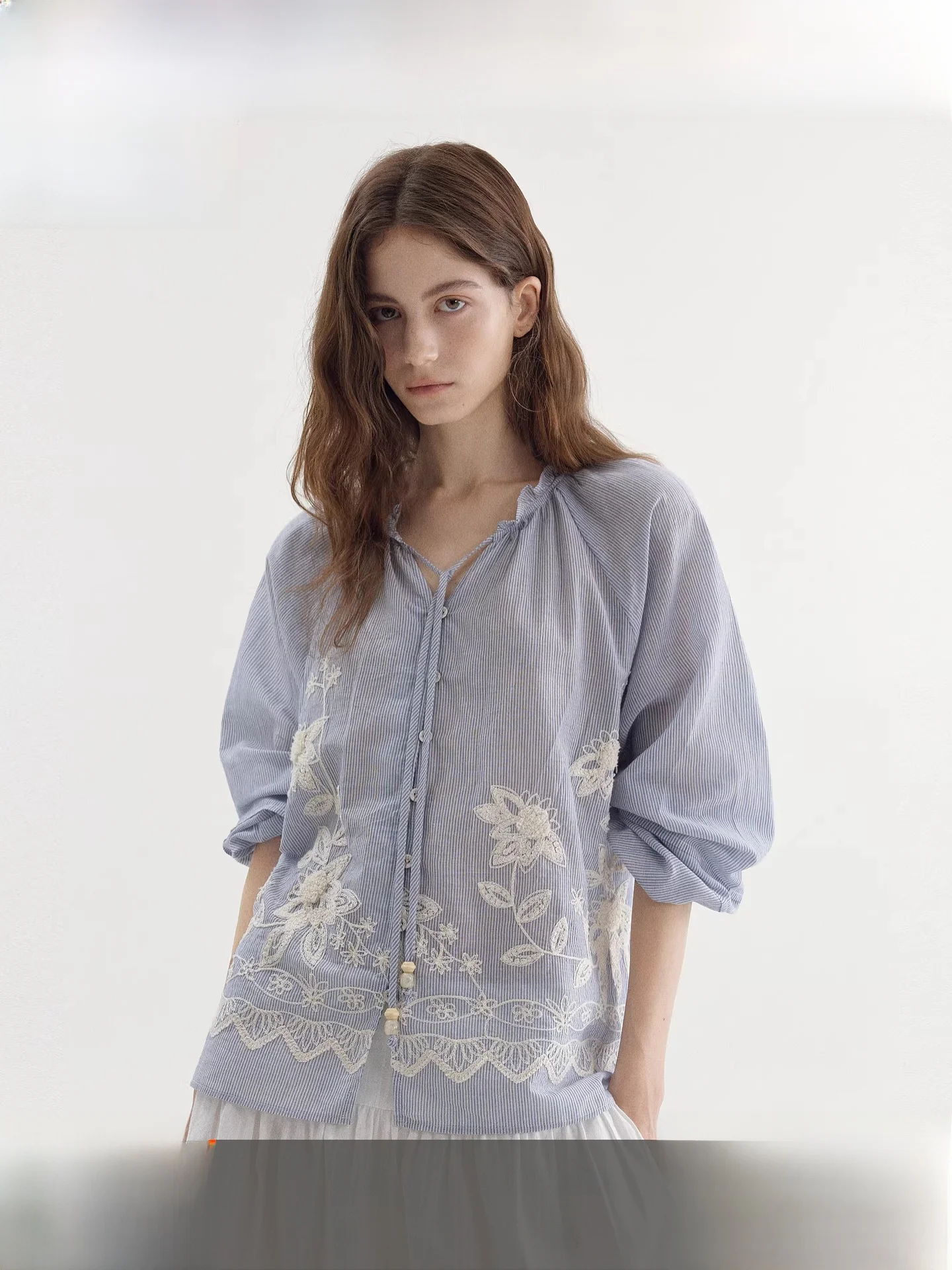 

Light Blue Striped Embroidered Loose Fit oulder Sve irt 3D Stitching Design Breathable Cotton Commute Sle Women's irt