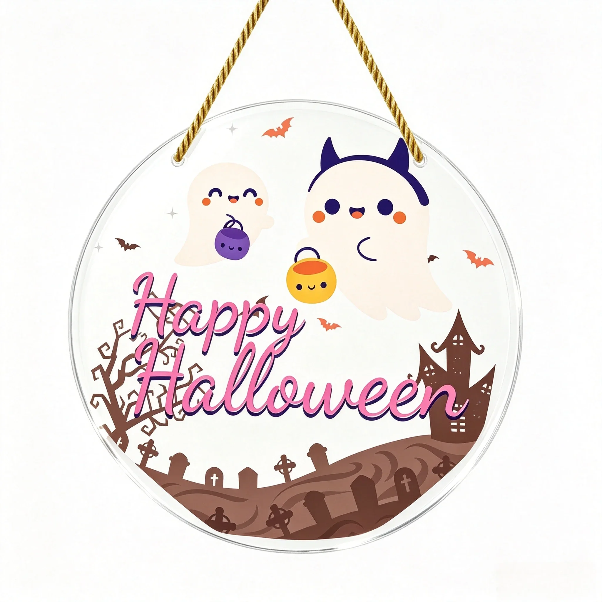 Sweet Cartoon Ghost Clear Acrylic Hanging Ornament, Pink‑Text Fall Home Decoration,Whimsical Ghost Trick‑or‑Treat Wall Hanging, Cheerful Halloween Party Gift