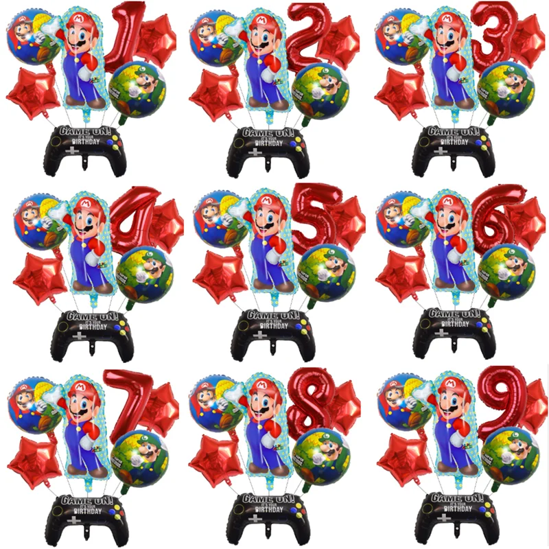 Neues Mario Ballon-Set Cartoon-Spiel Mario und Luigi 0-9 Zahlen Dekorative Aluminiumfolien-Ballons für Kindergeburtstag-Thema