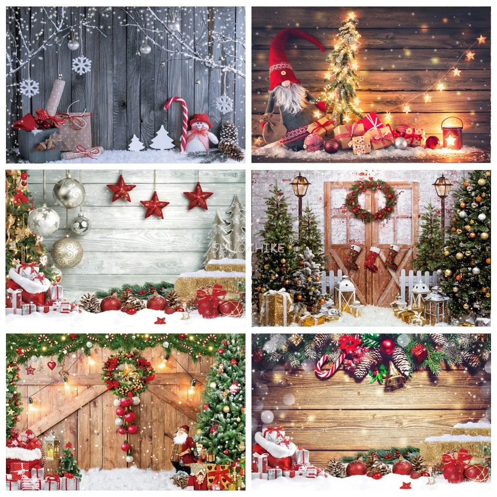 

Merry Christmas Background For Photography Festival Party Xmas Tree Gift Candy Wood Floor Baby Portrait Photo Backdrop Props