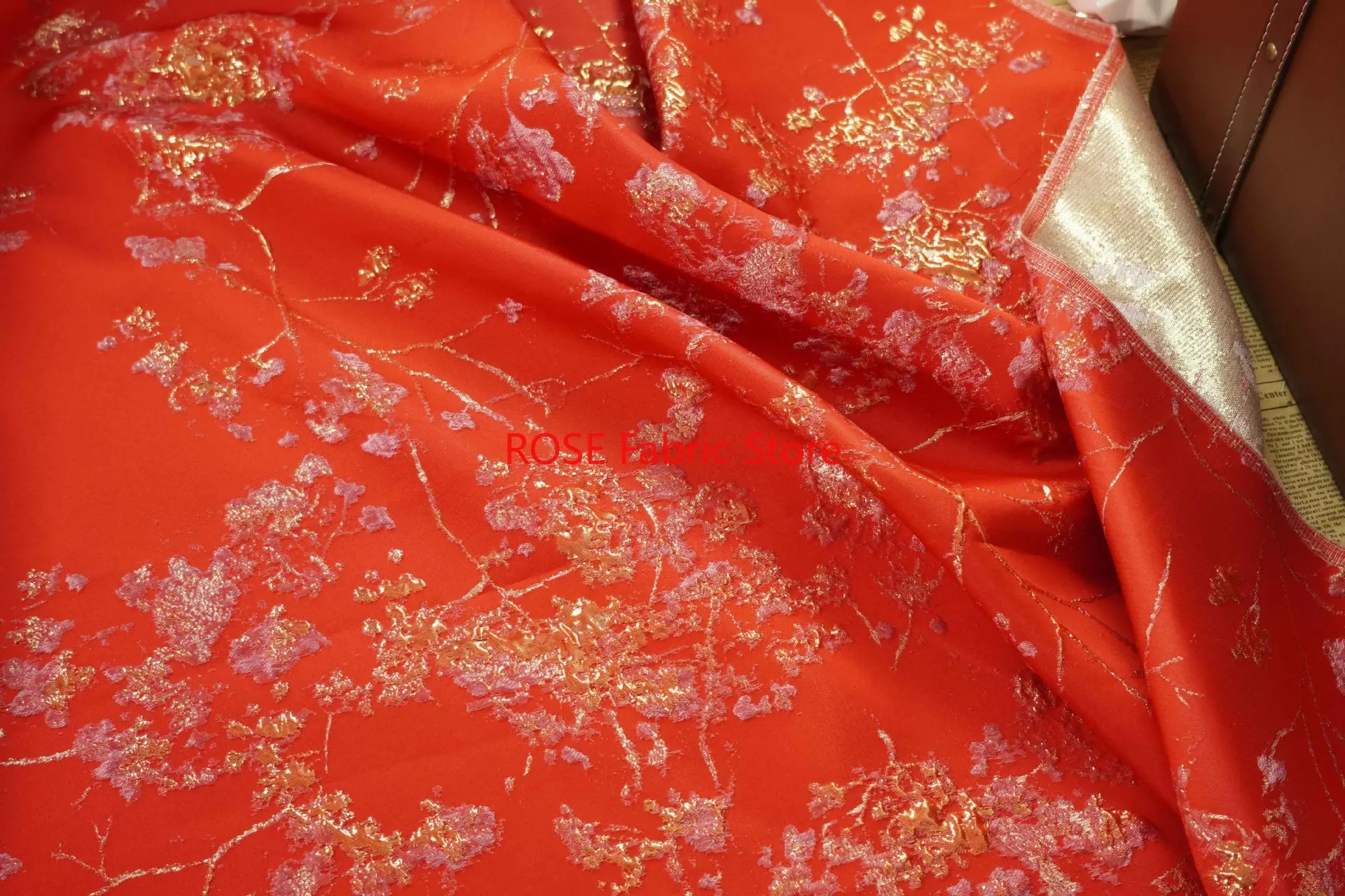 1 Meter Pink Gold Embossed Yarn Dyed Jacquard Fabric Spring Autumn Women's Elegant Dress Coat Bag Decorative Sewing Fabric