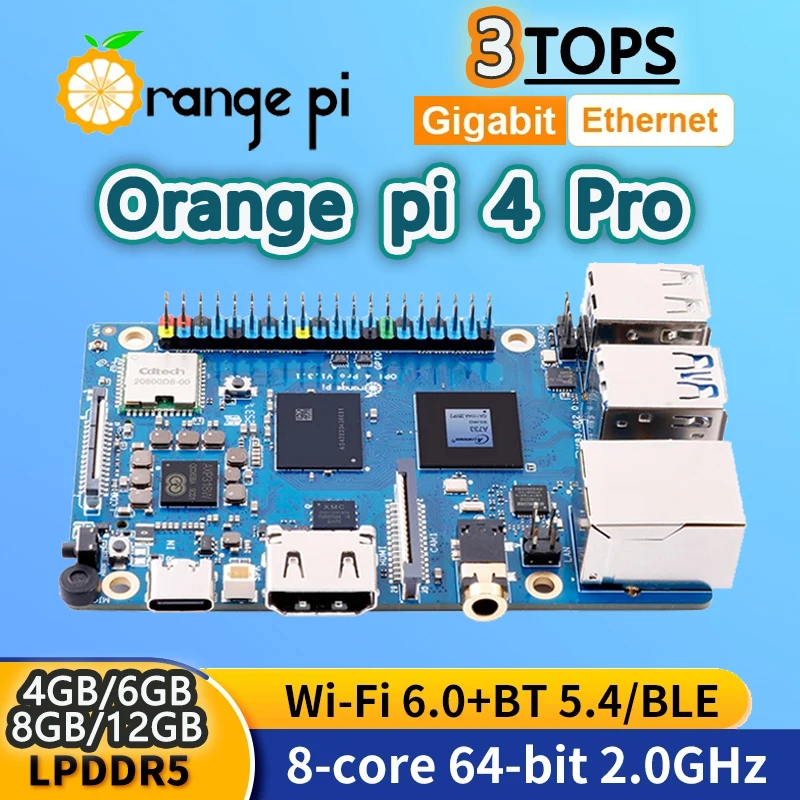 

Orange Pi 4 Pro 2GB/6GB/8GB/12GB LPDDR5 Board 3Tops Allwinner A733 Chip NPU Wi-Fi6.0+BT5.4 M.2 M-Key Slot Single Board Computer