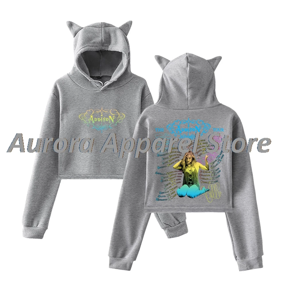 Addison Rae The Addison World Tour Merch Jersey Mujer Orejas de Gato Sudadera con capucha Camiseta de Manga Larga Ropa de Mujer