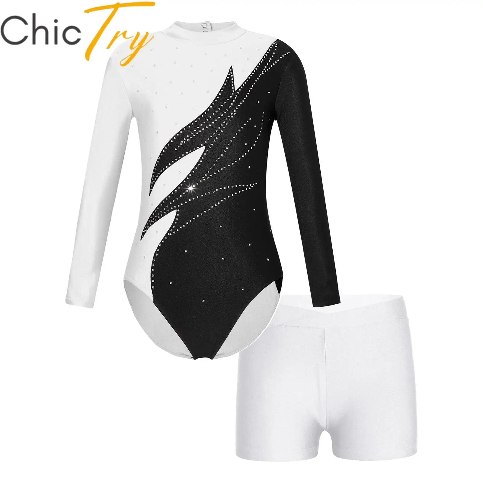 

Kids Girls Ballet Dance Sets Sports Gymnastics Workout Outfits Rhinestones Leotard with Shorts Figure Skating Dance Competition