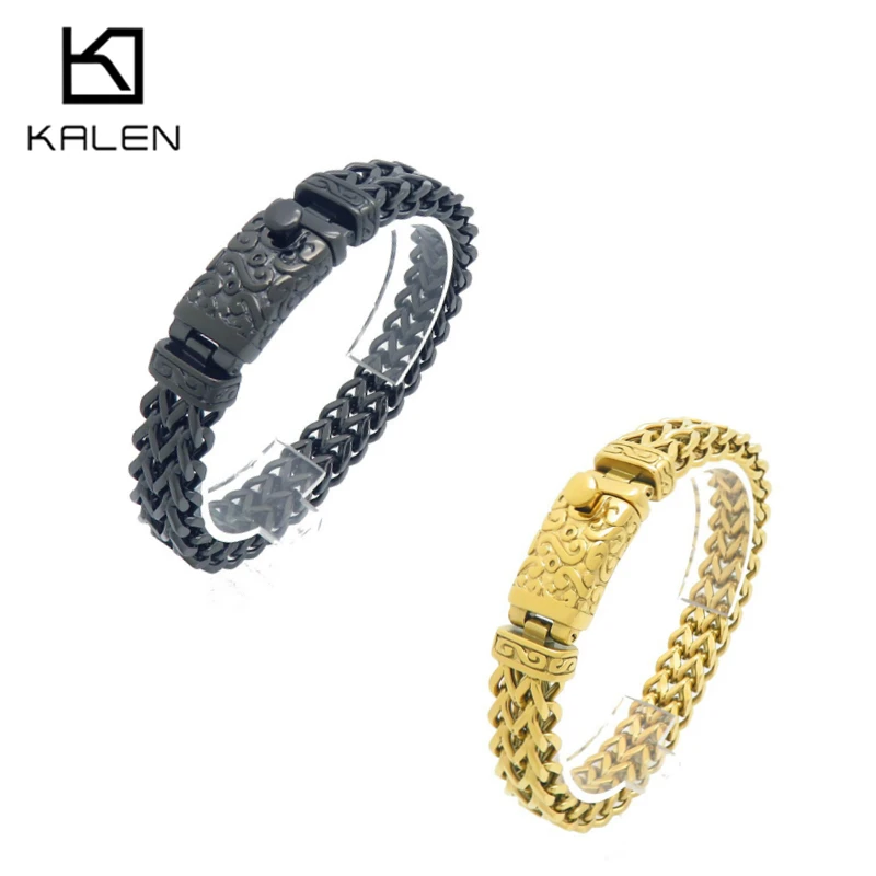 KALEN Massives Edelstahl Franco-Kettenarmband für Herren Vintage Gravierter Verschluss Accessoire 22cm Goldfarben Trendiger Schmuck Geschenk