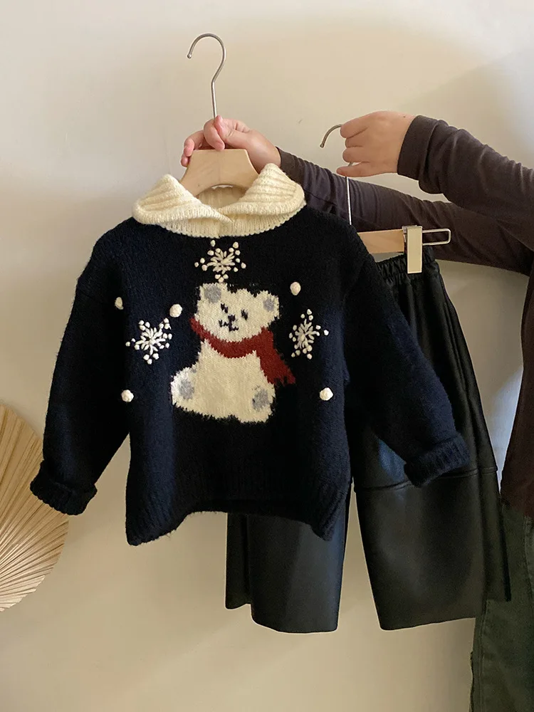 

Свитер с вязаным воротником и цветными блоками для девочек, модный комплект из теплых кожаных брюк на флисовой подкладке