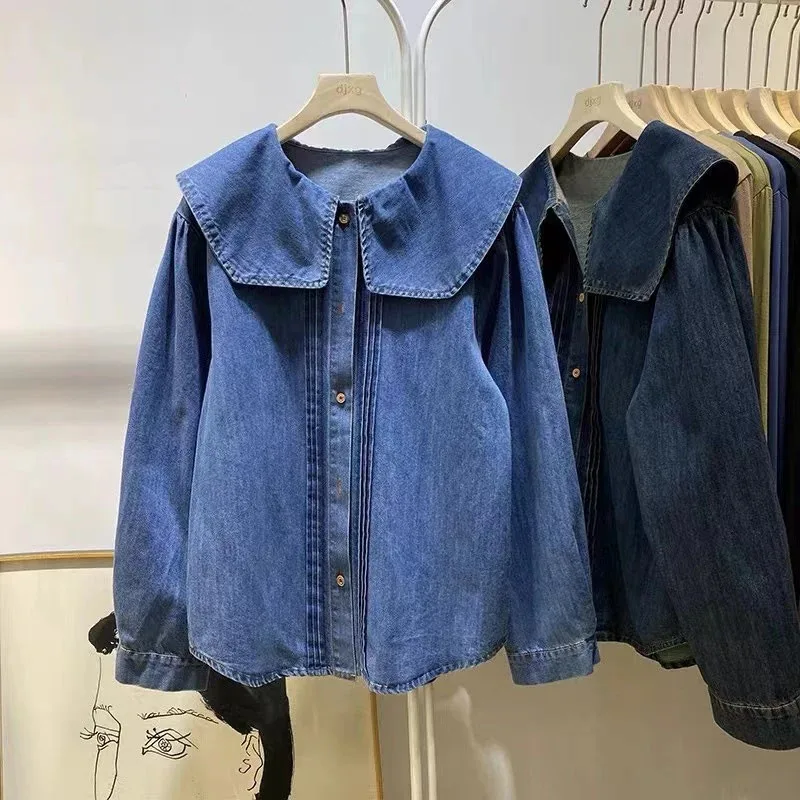 

Women's Denim Blouse Peter Pan Collar Long Sleeve Loose Fit Casual Solid Color Button Down Tops