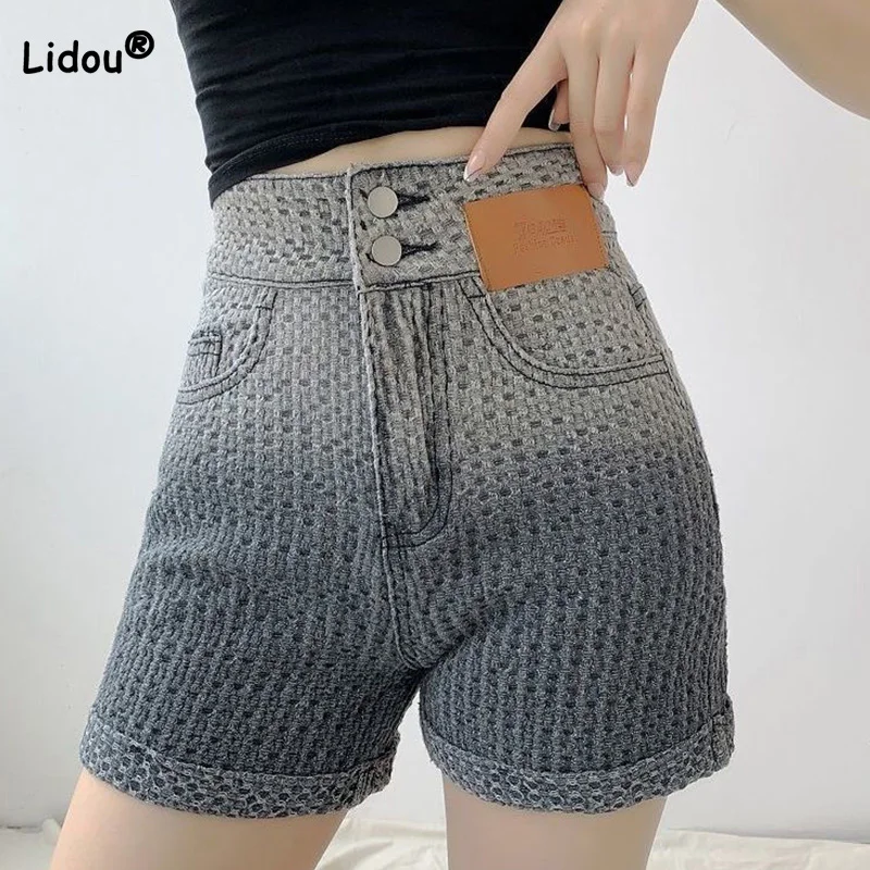 

Fashion Gradient Color Hemming Washed Weave Denim Shorts Simplicity Summer Casual High Waist Patchwork Button Womens Jeans