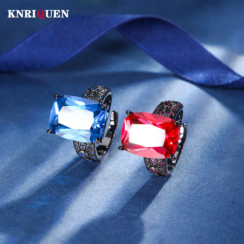 2024 New Vintage 12*16MM Ruby Sapphire Rings Gemstone Cocktail Party Fine Jewelry Black Personality Ring for Women Bithday Gifts