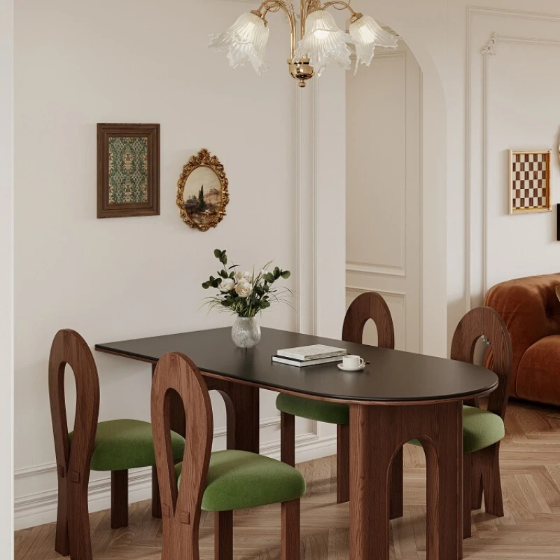 

Medieval French style, matte black slate, solid wood small apartment, walnut ash wood, semi-round island dining table and chairs