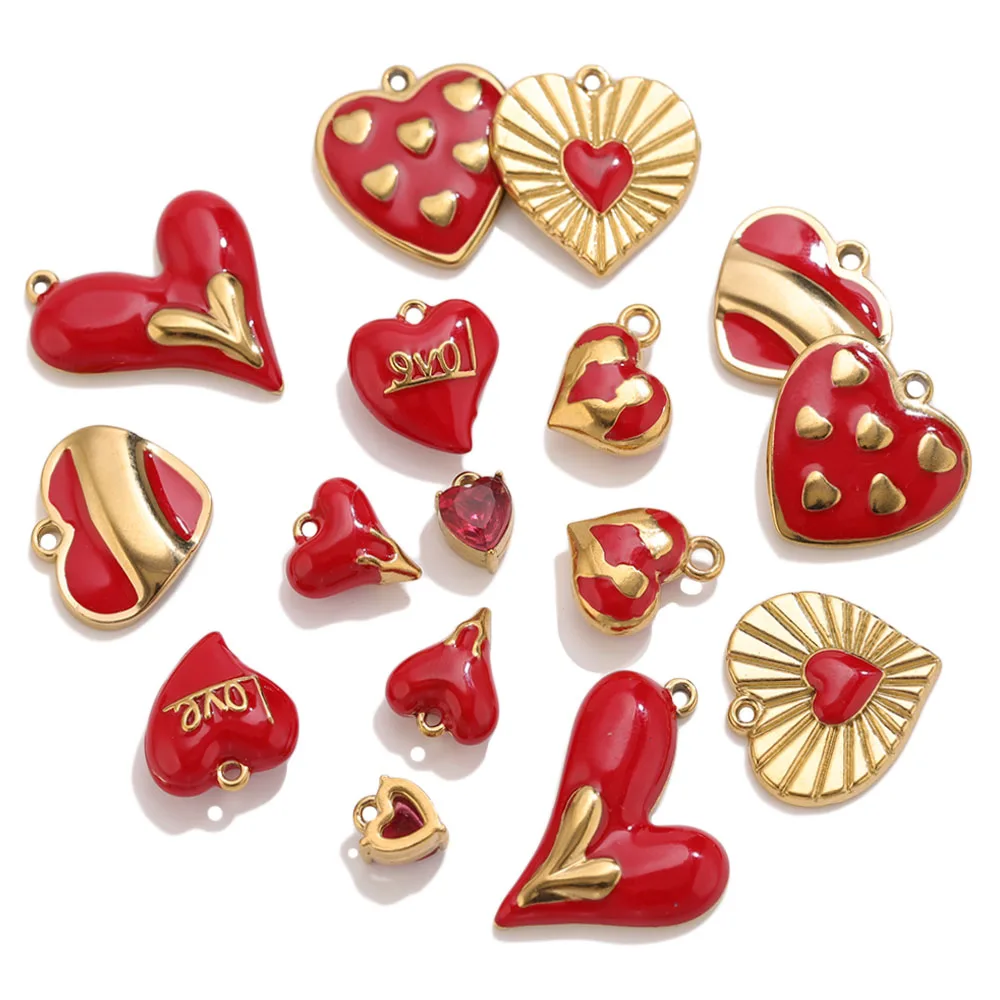 3-5pcs Bohemian Heart Embossing Charm 304 Stainless Steel Charms 18K Gold Plated Red Heart Ex Voto Heart Pendant for DIY Earring