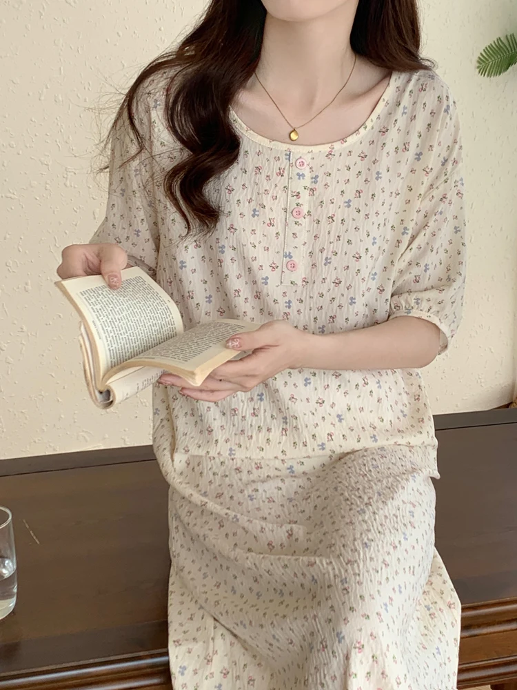 

Korean Style Sweet Floral Sleepwear Short Sleeve Cloud Cotton Women's Summer Comfortable Home Clothes Can Be Worn outside