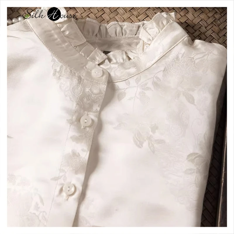 

2026 Women's Fashion Spring Clothing 100% Natural Mulberry Silk Butterfly Jacquard Satin Ruffled Edge Collar Long Sleeve Shirt