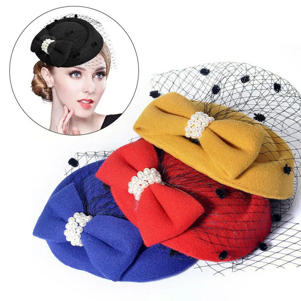 

Fashion Cocktail Party Stewardess Top Hats Hairpin Bridal Headdress Fascinator Hair Pillbox Hat Womens Vintage Hat Bowknot Veil