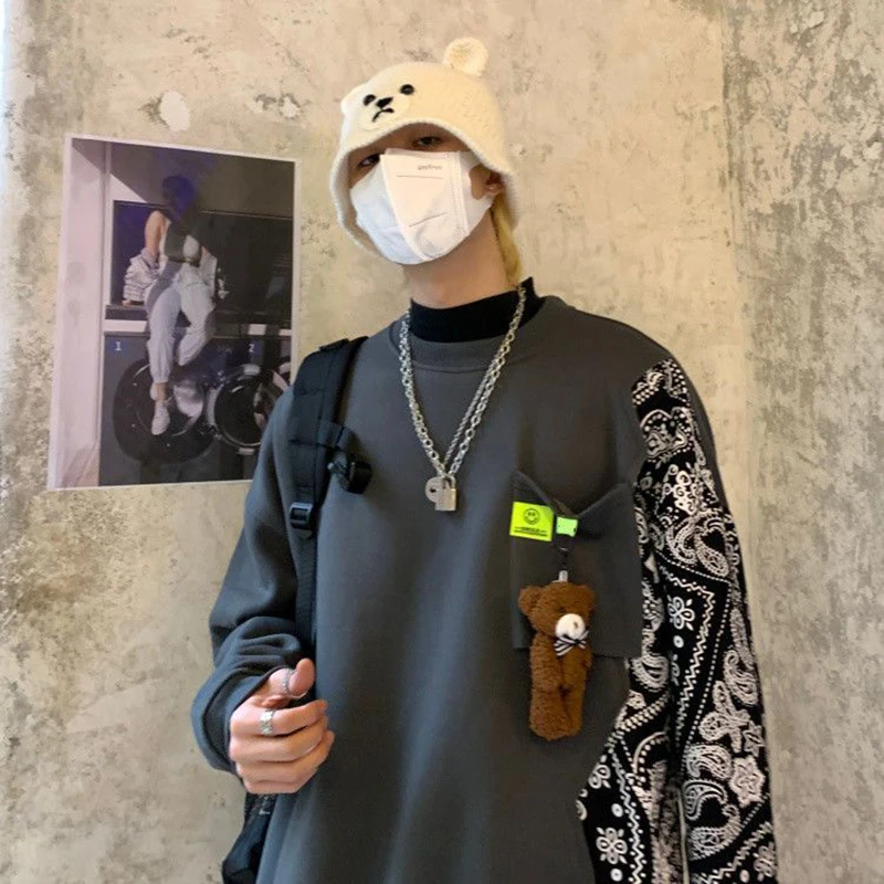 

Autumn Winter Cashew Flowers Spliced Men O Neck Long Sleeve Sweatshirts Teenagers Korean Fashion Hip Hop Punk 2xl Oversized Tops