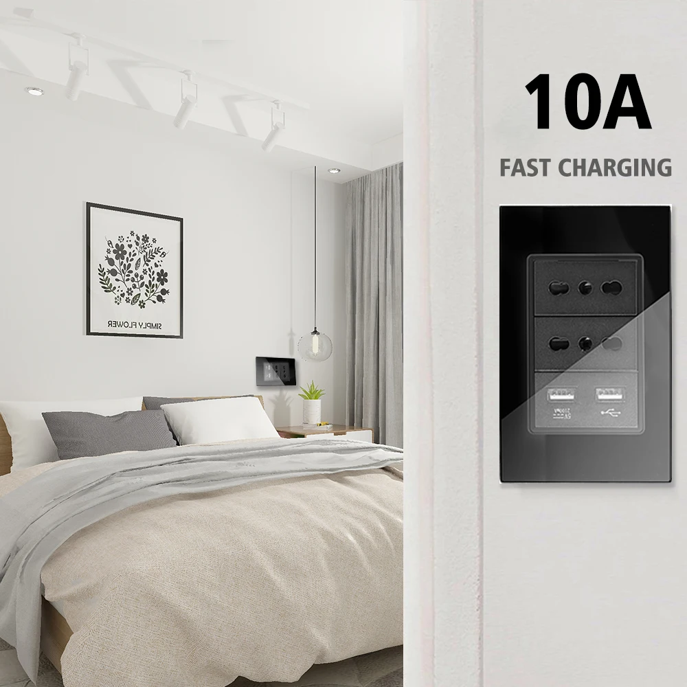 Italy/Chile 16A socket tempered glass panel 2USB fast charge dual socket 16A wall household power plug