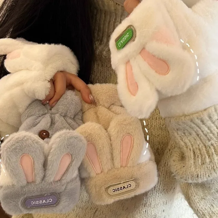 Cute Rabbit Flip-Top Fingerless Gloves for Women Students - Winter Warm Furry HalfGloves