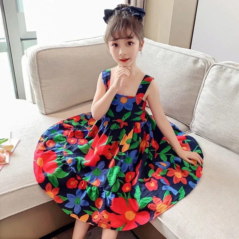 Girls Dresses 2023 Summer Baby Girl Casual Dress Toddler Floral Print Sleeveness Fashion Girls Princess Dresses Kids Clothes