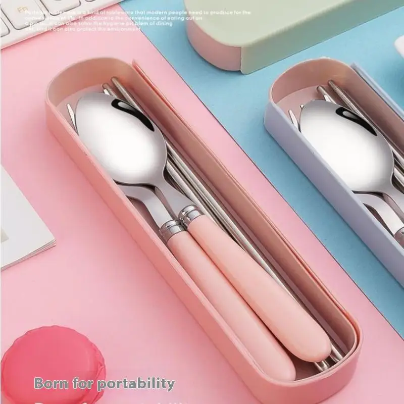 Stainless Steel Portable Student Tableware Outdoor Travel Lunch Box Spoon Fork Chopsticks Set With Storage Case Adult Gift