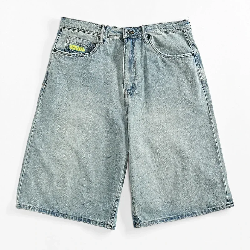 Abraço-Shorts Denim Skate, desenhos animados bordados, jeans soltos, calças de perna larga, calças Hip Hop Street Y2K casal, cinza, novo