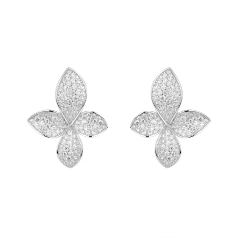 CAMEO 925 Silver Gold-plated Synthetic Zircon Earrings White Full Diamond Four Petal Flower Fashion Leaf Earrings