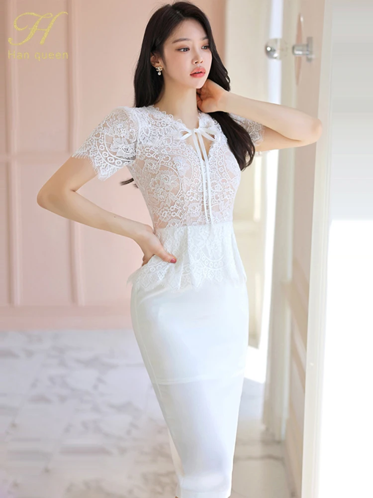 H Han Queen 2024 New Elegant Dresses For Women Patchwork Lace Office Summer Sexy Dress Short Sleeve Sheath Pencil White Vestidos