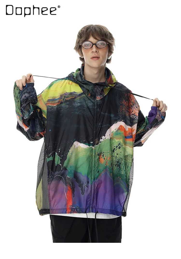 Summer Men Colorful Abstract Oil Painting Splash Print Hooded Jacket Lightweight Mesh Spliced Oversized Sunscreen Clothing