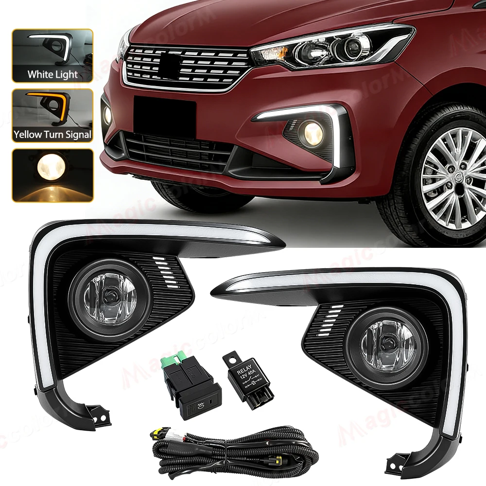 

Светодиодные дневные ходовые огни для Suzuki Ertiga 2018 2019 2020, передние фары DRL, желтые указатели поворота, галогенные противотуманные фары