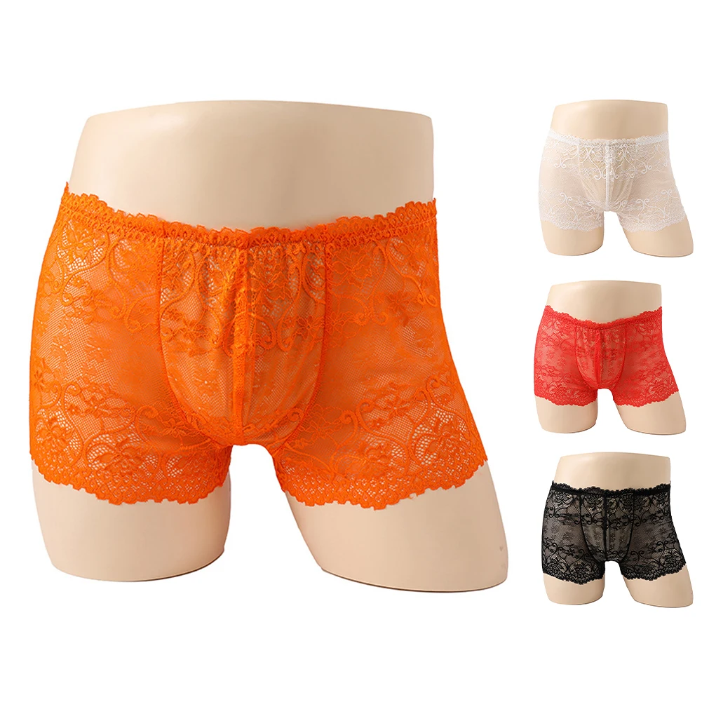 

Men's Lace See Through Breathable Underwear Boxer Briefs Trunks for Men Solid Color Stretch Spandex Panties with Pouch Support