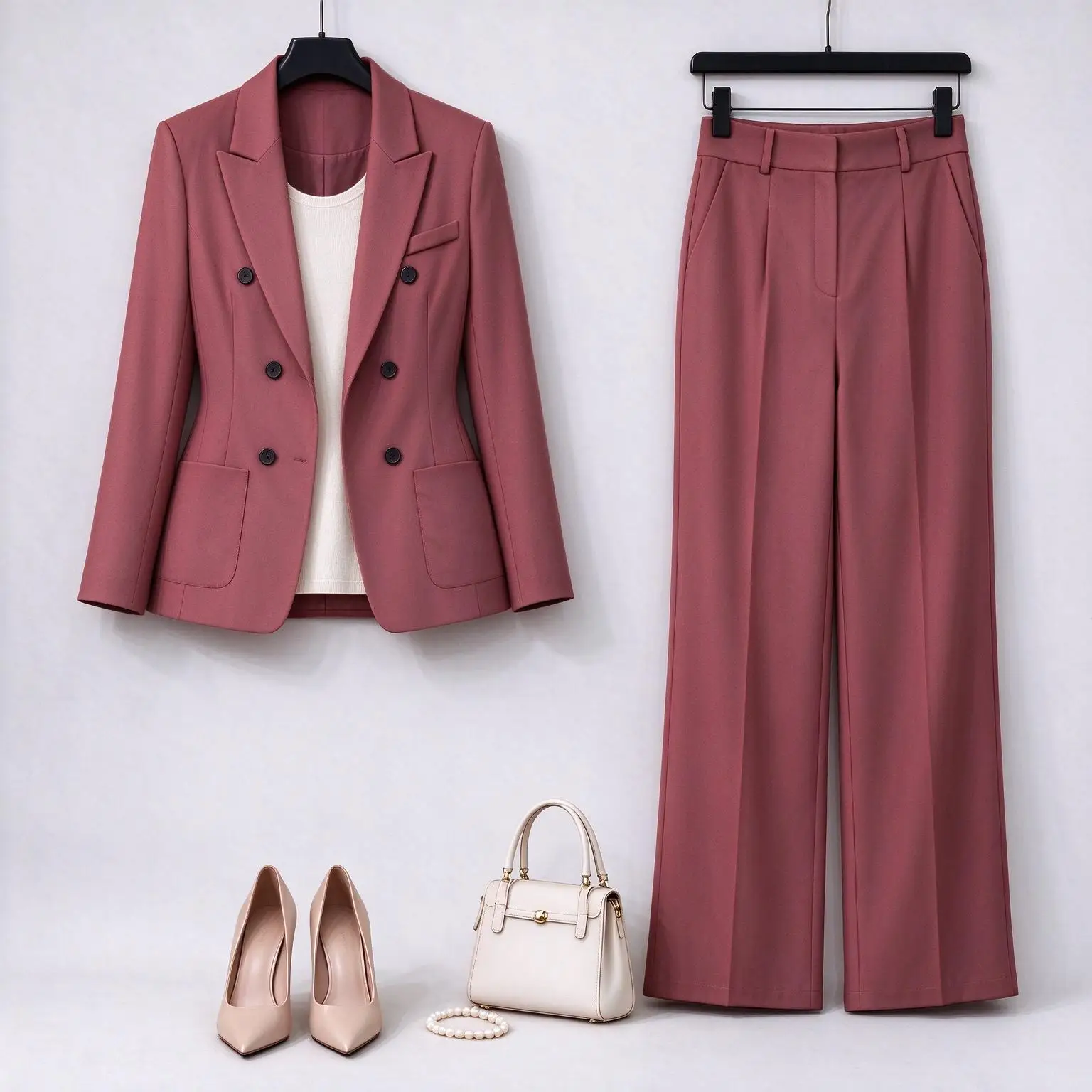 Women Elegant 2 Piece Outfit Double Breasted Blazer With Wide Leg Trousers