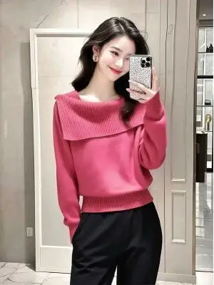 Faionable oulder Bared Long Sve pull tricoté col haut Ele Sle automne hiver femmes doux laine mélange tricots