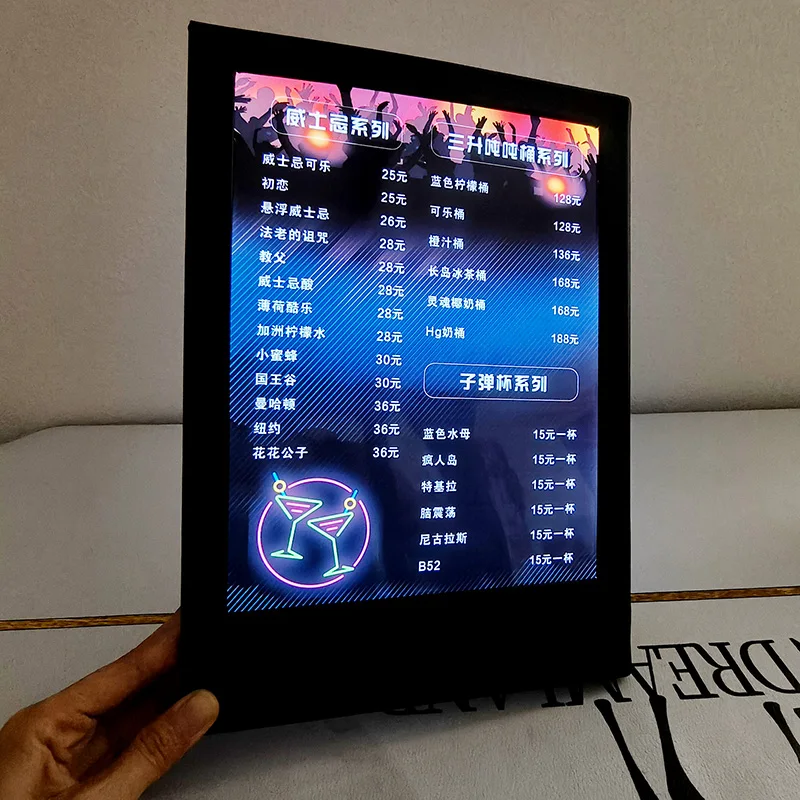 A4 Four Sided LED light box Menu Cover Book Rechargeable electronic Leather Display Tent Holder for Restaurant Bar Shop Cafe