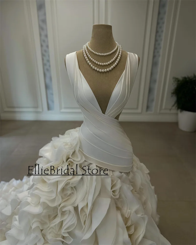 Sexy Deep V Neck Satin Wedding Dress Women Luxury Ruffles Mermaid Bridal Gowns For Brides Pearls vestidos de noiva Customized