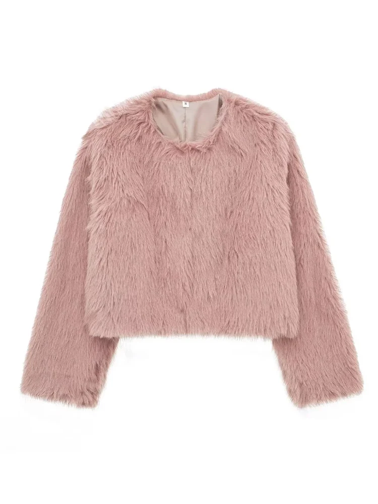 KAOPU ZA Women cropped faux fur jacket vintage round neck long sleeves female outerwear chic top