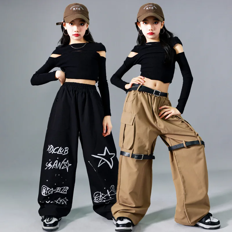 

K-pop комплект для девочек, укороченный топ, модный пояс, брюки-карго, одежда для детей, танцевальные бегуны в стиле хип-хоп, детская уличная одежда, костюм для джазовой девушки