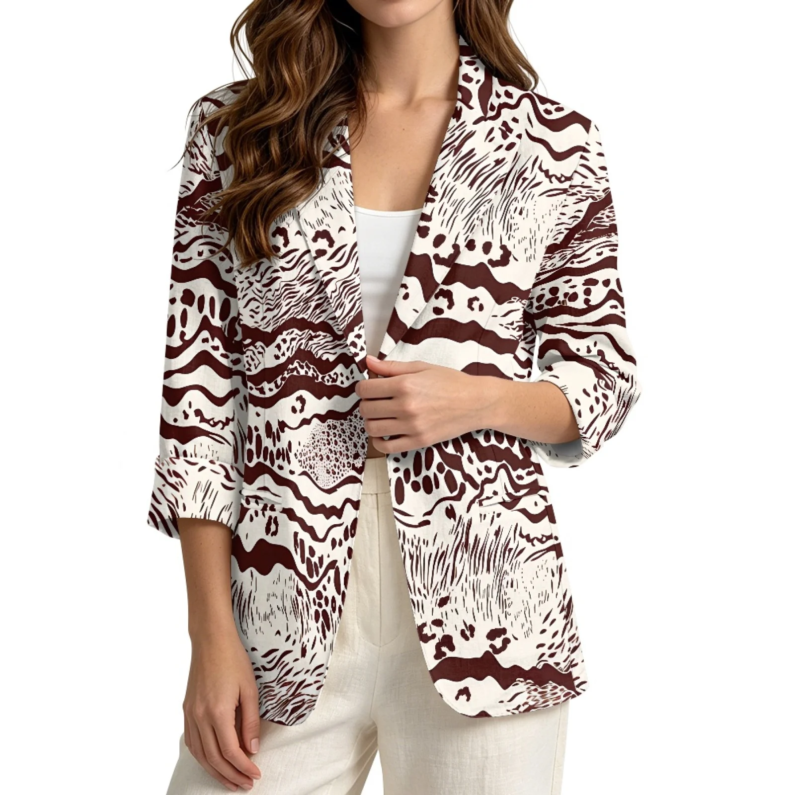 PENSTROLL Irregular Pattern Casual Open Front Blouse for Women Linen Style Versatile Outerwear Open-Front Top