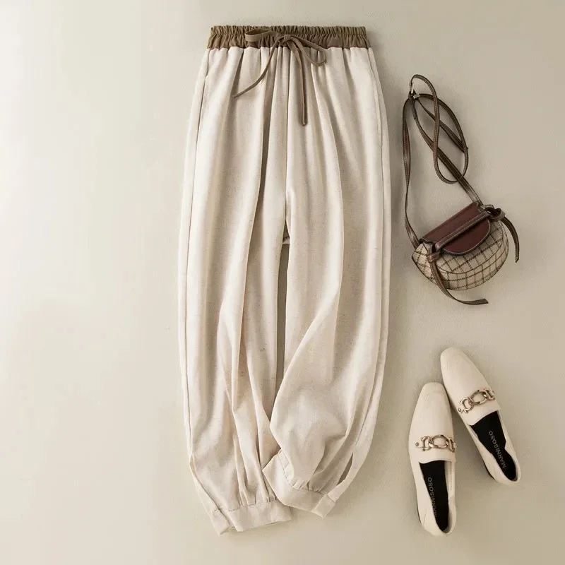 

Beige Casual Elastic High Waist Lace-up Loose Women's Pants Korean Fashion Ankle-Length Harem Pants For Women 2025 Spring