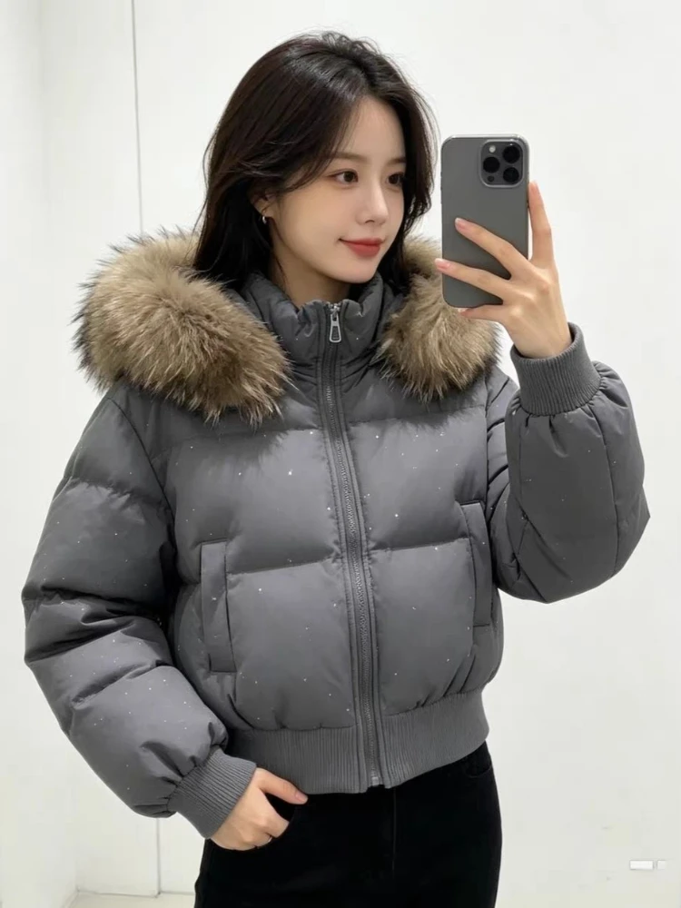 Korean Fashion Sweet Glitter Hooded Fur Trim Oversized Puffer Parka Women Thick Warm Winter Cropped Casual Streetwear Coat 2026