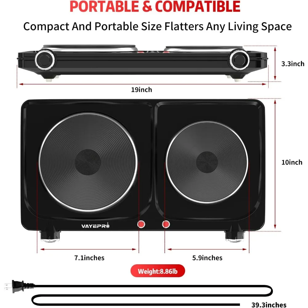 موقد كهربائي محمول 1800 وات، موقد كهربائي مزدوج للطهي، مدرج في قائمة UL، موقد للمكتب المنزلي، متوافق