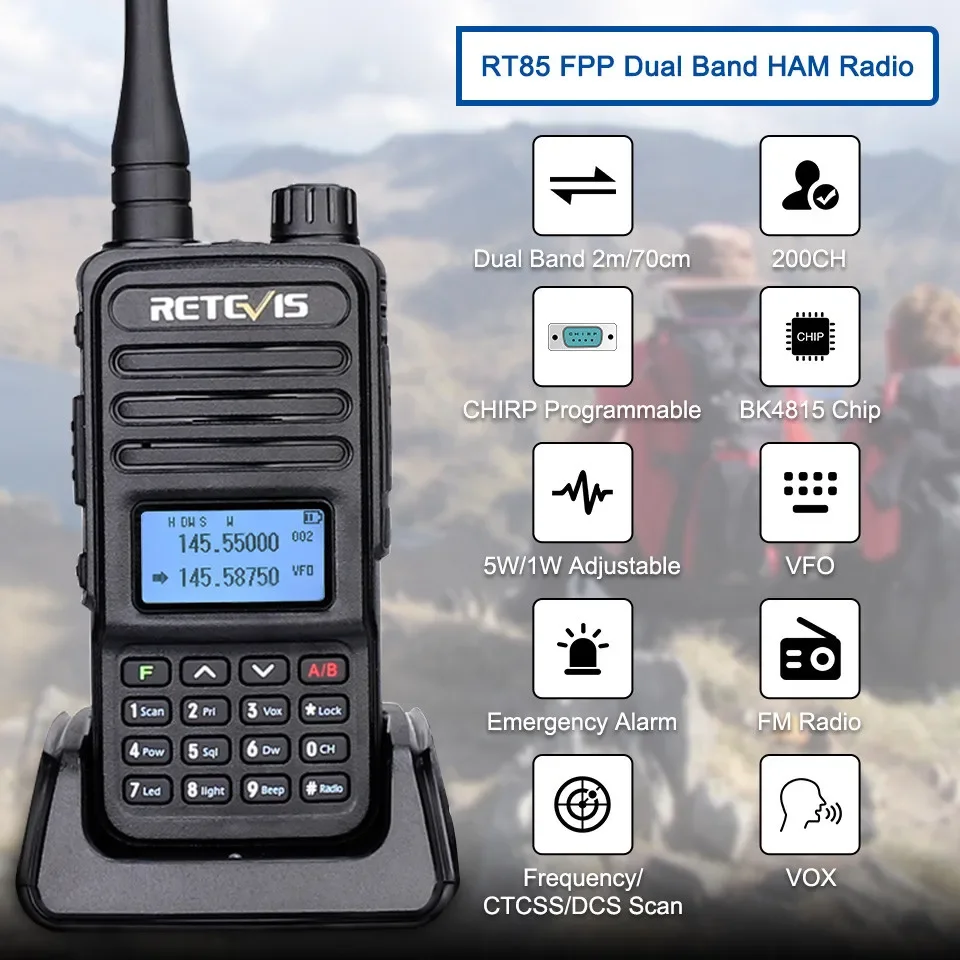 Retevis RT85 Walkie Talkie Long Range Ham Two-way Radio Station Walkie-talkies VHF UHF Dual Band Amateur Portable Radio Hiking