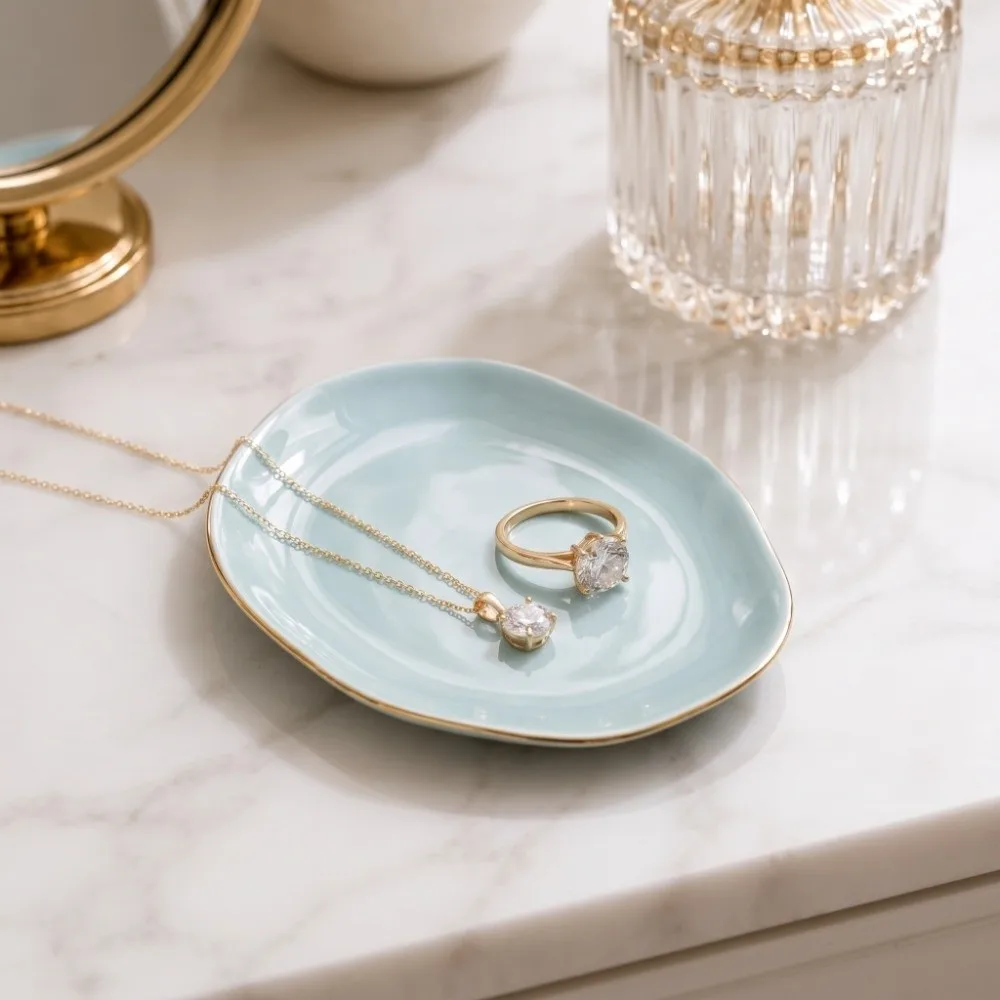 Gold Rim Round Ceramic Trinket Dish 11.5 Cm Four Color Jewelry Decorative Irregular Exquisite Jewelry Storage Plate