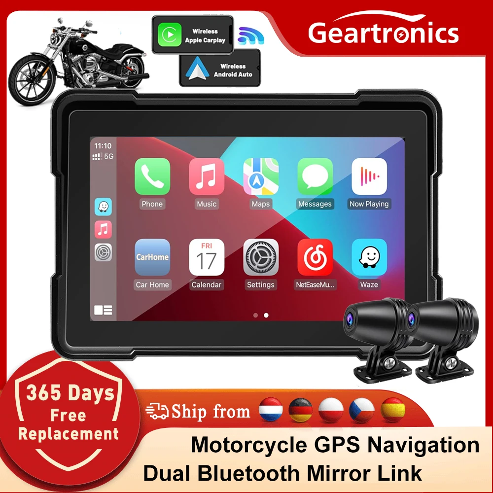 GEARELEC CarPlay Android Auto Portable Motorcycle Screen 5 inch Dual Bluetooth IP67 Motorbike Stereo Multimedia Player