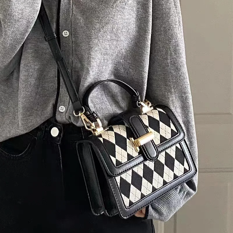 New Crossbody Bags For Women Fashion Leather Handbags Ladies Handheld Small Square Bags Simple Black White Plaid Top Handle Bags