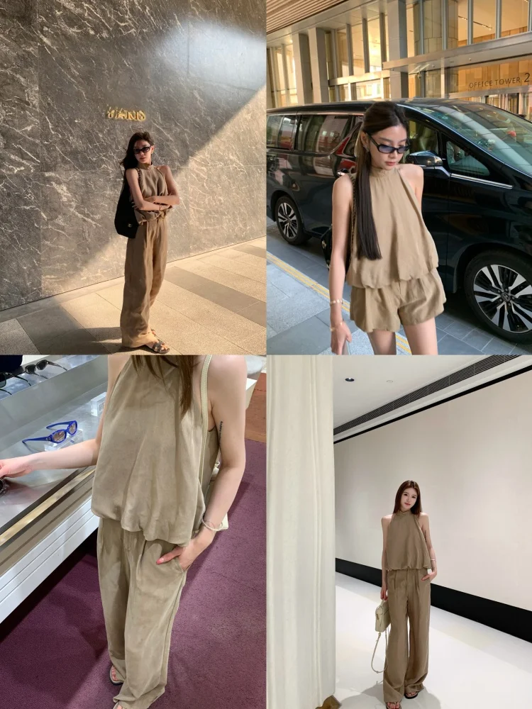 

Модный комплект из медного аммиачного шелка: длинные брюки и топ с круглым вырезом и молнией, летний наряд для женщин