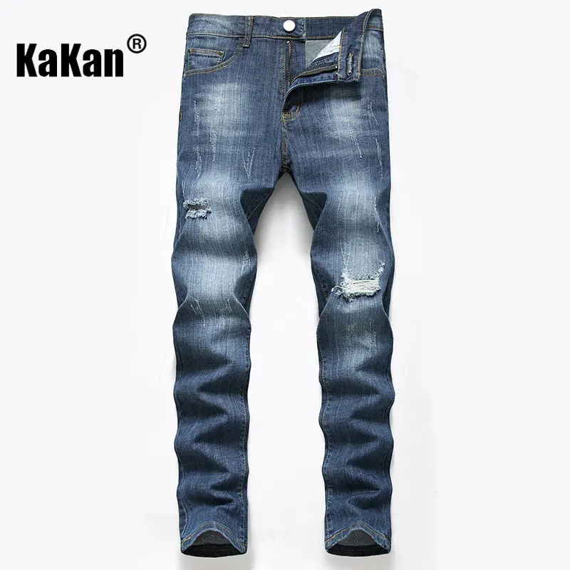 Kakan - European and American New Blue Distressed Jeans for Men's Wear, Worn Out Washed Casual Straight Stretch Long Jeans36-552